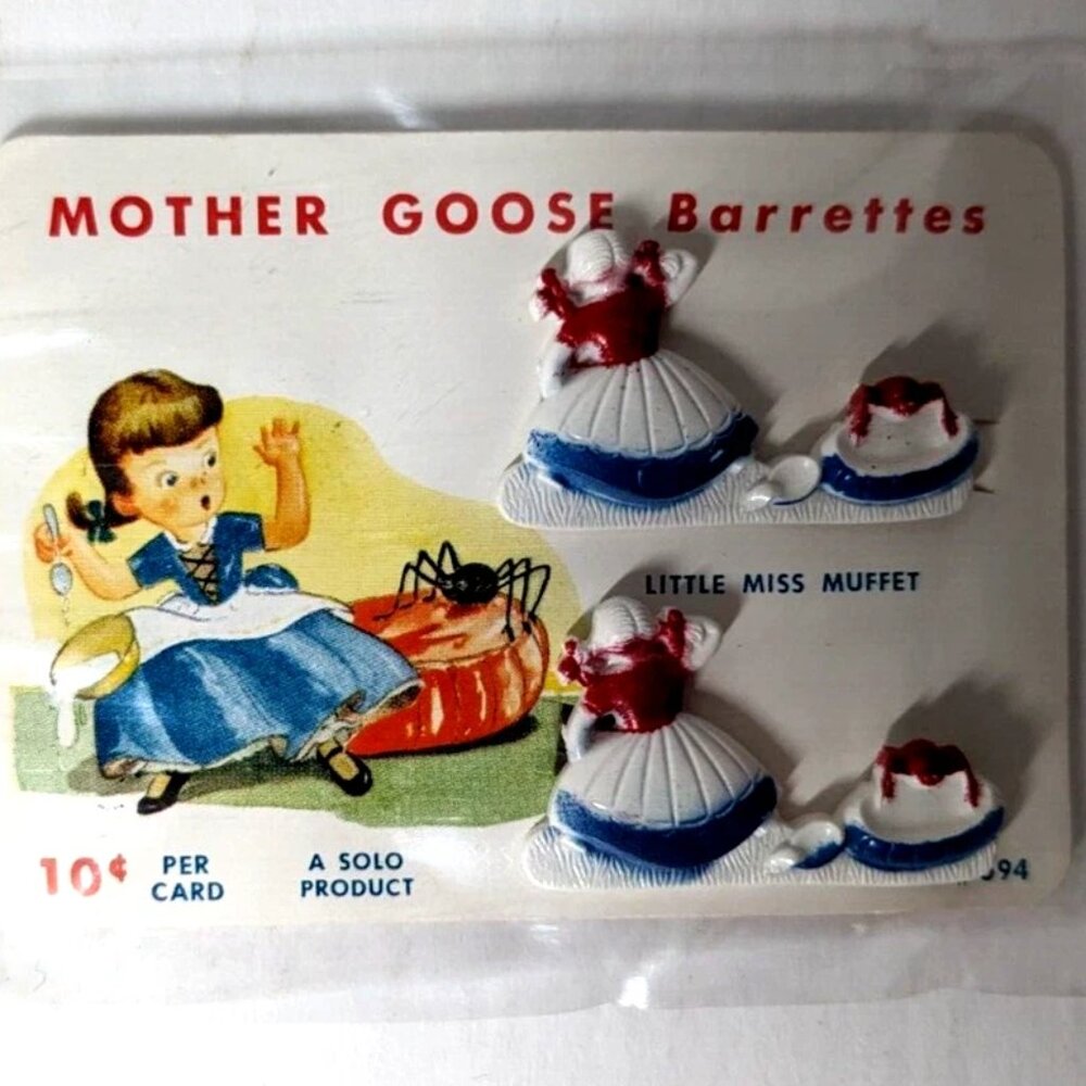 1950s Mother Goose Barrettes Little Miss Muffet SOLO Hair Clips Vintage